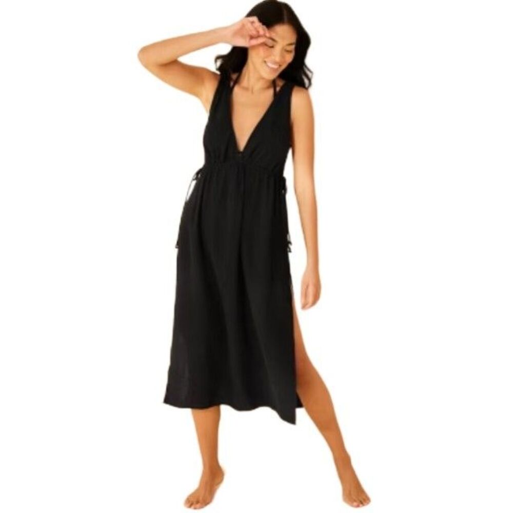 Shade & Shore Maxi Dress Womens M Black Cotton Gauze Boho Beach Swim Cover New